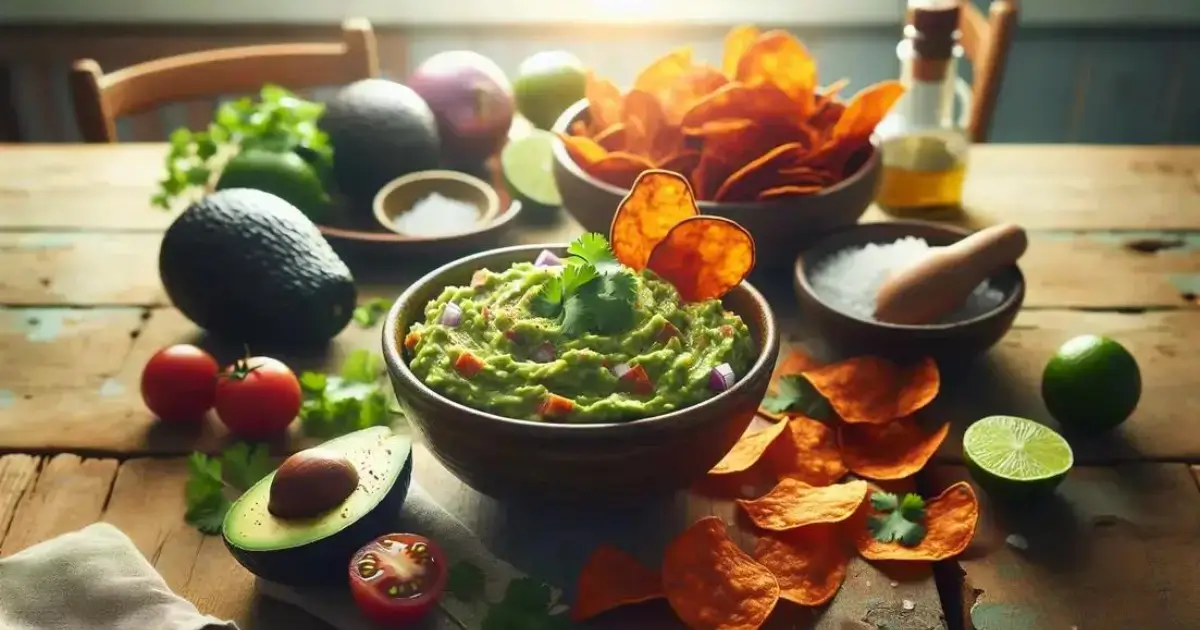 Guacamole com Chips de Batata Doce Assada