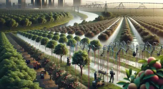 Imagem de fruticultura irrigada em Juazeiro com árvores carregadas de frutas, irrigação, trabalhadores e rio São Francisco.