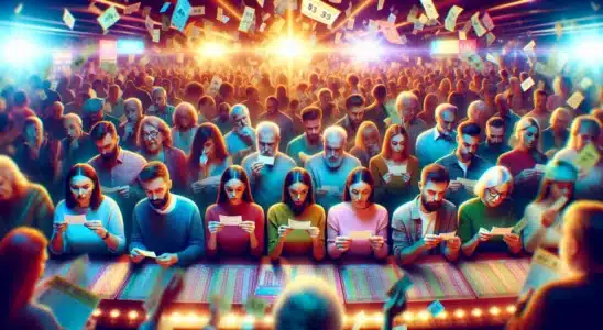 Cena de uma sala de loteria com pessoas aguardando o sorteio da Mega da Virada, cartelas nas mãos e ambiente vibrante com detalhes de bilhetes de apostas, destacando os números mais sorteados na Mega.