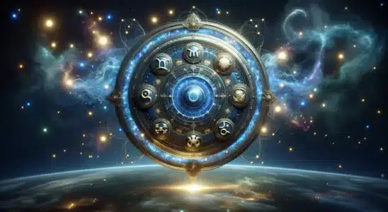 Imagem da blindagem espiritual ativada quatro, escudo etéreo com simbolismos zodiacais de Áries, Câncer, Escorpião e Capricórnio no espaço