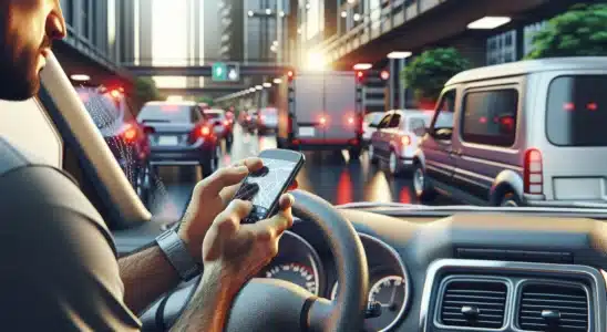 Motorista parado em trânsito brasileiro segurando celular de forma errada, refletido no interior do carro com elementos urbanos ao redor