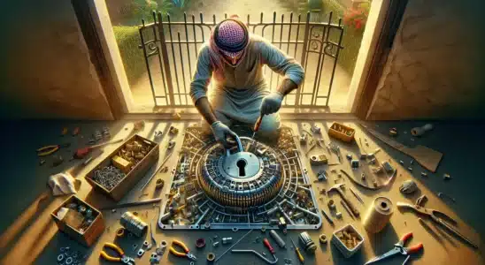 Fechadura para portão sendo instalada por trabalhador ao ar livre, com ferramentas e partes metálicas visíveis