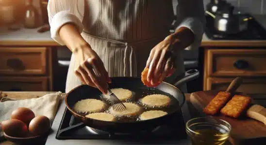 Imagem de cozinheira dourando bolinhos de arroz crocante em óleo quente na panela