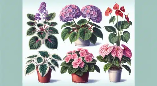 Imagem representando plantas floridas iniciantes 4: violeta-africana, begônia, hortênsia e antúrio em ambiente de apartamento