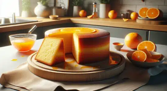 Bolo de laranja caseiro fofo com textura macia e aroma intenso, ao lado de calda de laranja na cozinha moderna
