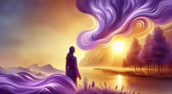 Pessoa ao nascer do sol com fumaça violeta, representando arcanjo ezequiel chama violeta, esperança e renovação