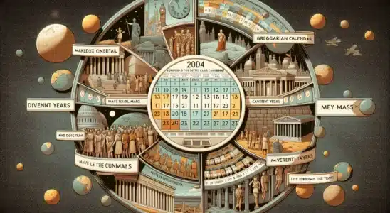 Imagem representando a confusão do calendário, com elementos históricos e planetários, ilustrando a bagunça do calendário.
